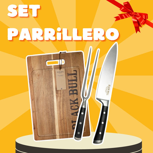 Set Parrillero Tabla Acacia + Cuchillo + Pincho Platinum