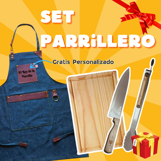 Set Parrillero Pechera + Tabla Pino + Cuchillo + Tenaza Parrillera