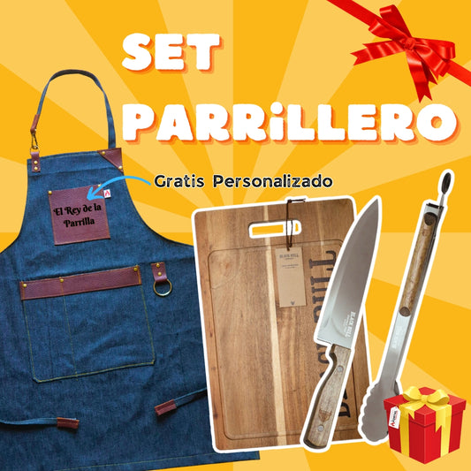 Set Parrillero Pechera + Tabla Acacia + Cuchillo + Tenaza