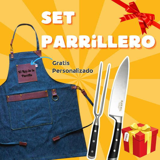 Set Parrillero Pechera + Cuchillo + Pincho Platinum