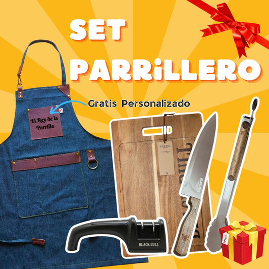 Set Parrillero Pechera + Tabla Acacia + Cuchillo + Tenaza + Afilador Ergonométrico