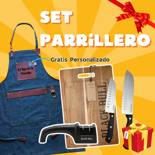 Set Parrillero Pechera + Tabla Acacia + Set Santoku + Afilador