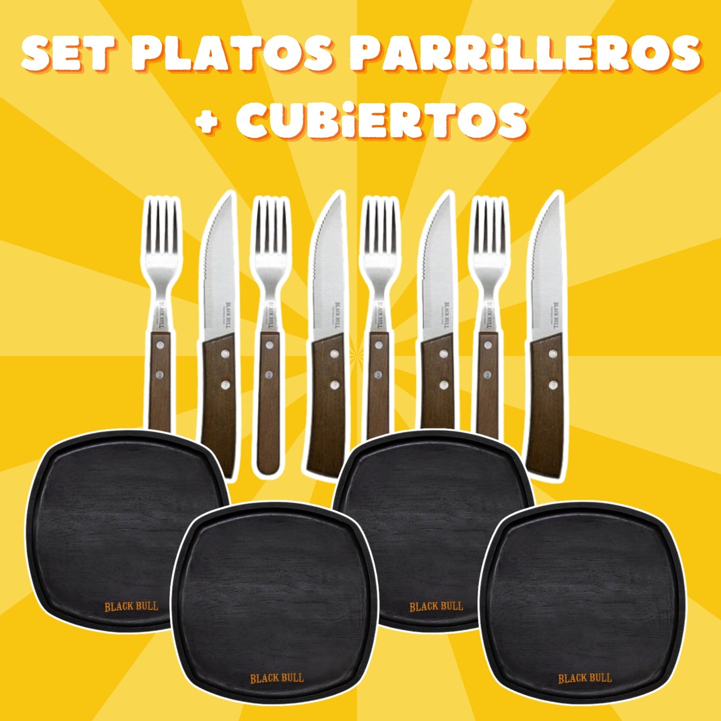 Set Platos Parrilleros + Cubiertos Black Bull 8pcs