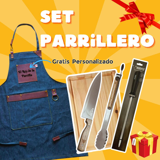 Set Parrillero Pechera + Tabla + Cuchillo PRM + Tenaza + Afilador Wayu