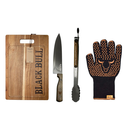 Set Parrillero Tabla + Cuchillo + Tenaza + Guante Wayu