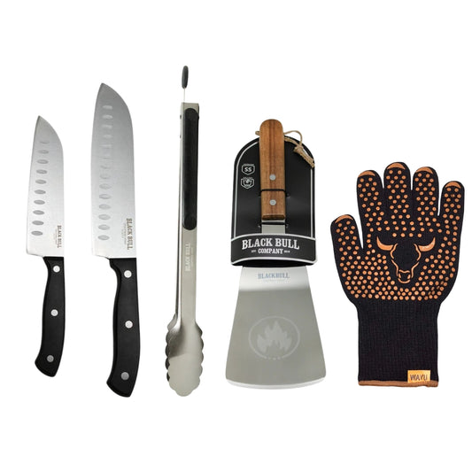 Set Parrillero Cuchillos Santoku + Tenaza + Espátula + Guante Wayu