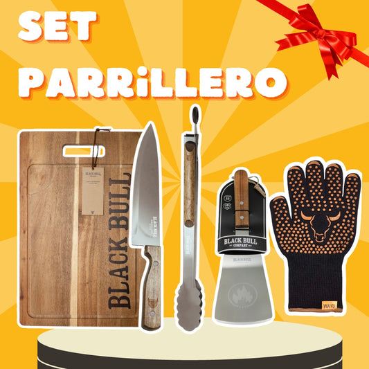 Set Parrillero Tabla + Cuchillo + Tenaza + Espátula + Guante Parrillero Wayu